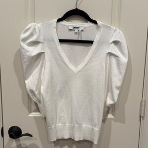 DKNY White Puff Sleeve V-Neck Top